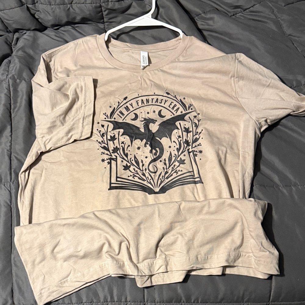 Beige Graphic Tee with Dragon & Book Design